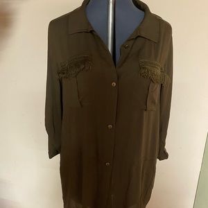 Tru Self Olive Green Silky Blouse with pockets, drawn-string & button-up sleeves